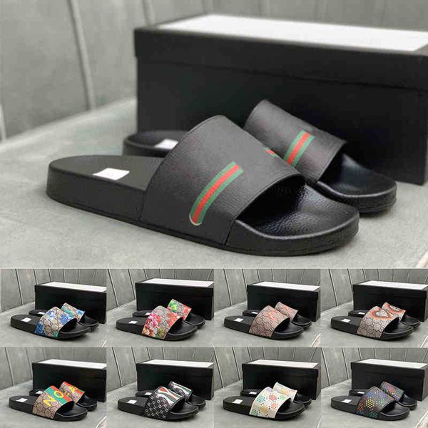 

[] preferential men women slippers designer rubber slides sandal flat blooms strawberry tiger bees green red white web fashion shoes, Black