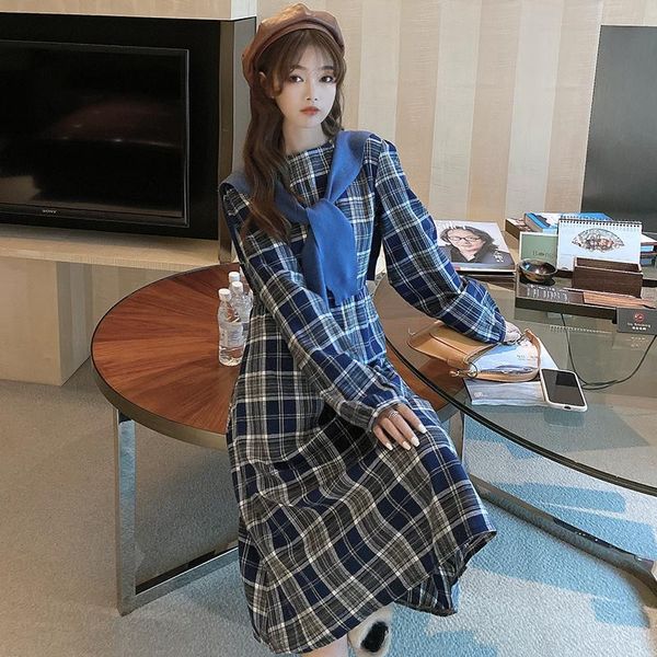 

autumn winter college style long sleeve women a dress round neck french grid slim fit lattice dresses with solid shawl set casual, Black;gray