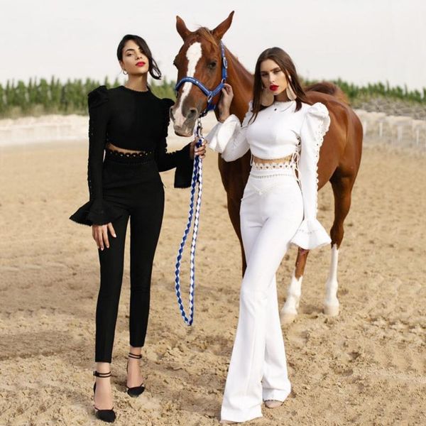 

women's two piece pants wholesale 2021 black white long sleeves bandage pencil trousers cocktail party set