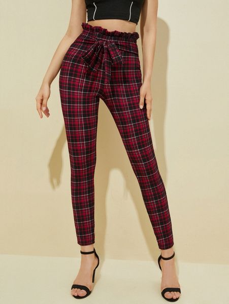 

plaid paperbag waist belted skinny pants u1nt#, Black;white