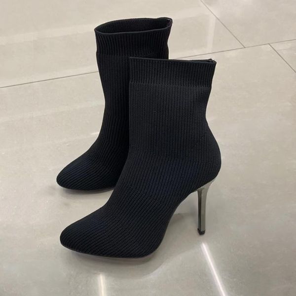 

boots knitted high heels ankle women pointed toe for spring autumn style, Black