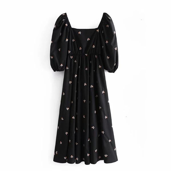 

woman dresses new black embroidery floral midi women 2021 spring cottagecore vintage square neck puff sleeve dress ahji byd3, Black;gray