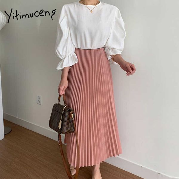 

yitimuceng 2 piece blouse and skirt women suit office lady white shirts high waist pink pleated maxi skirts spring fashion 210601