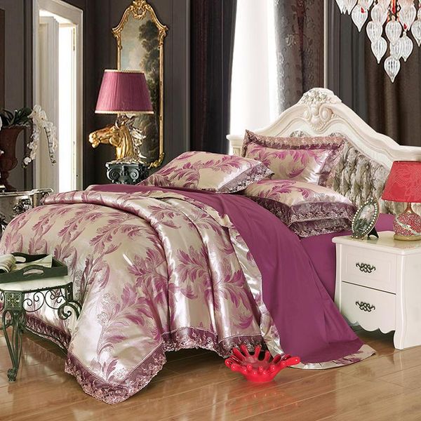 

bedding sets purple lace embroidery satin quilt/duvet cover bed sheet pillowcases  king size jacquard silk cotton luxury