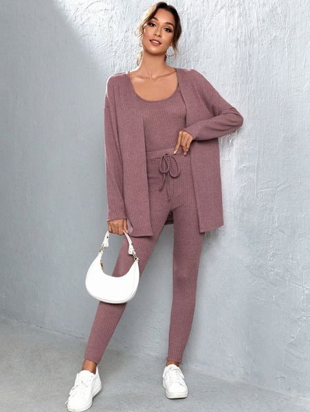 

waffle knit cami & tie front skinny pants & drop shoulder coat c2wz#, White