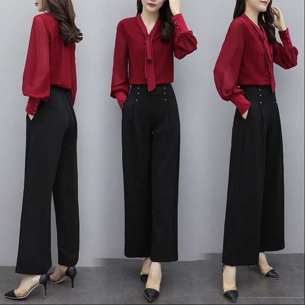 

black fashion elegant two piece womenpant suit korean solid shirt and high waist wide leg pants office pant set, White