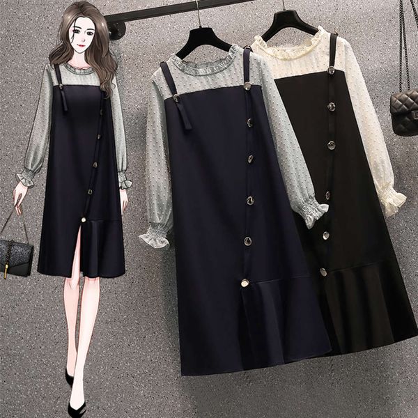 

large size women's dress 2021 spring and summer new fat mm show thin age reduction fashion cover belly design feeling french platycodon, Black;gray