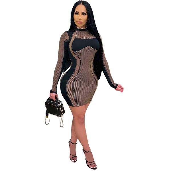 Abito a righe patchwork Pullover a maniche lunghe O-collo Vita alta Slim Sexy Short Summer Mini Black Bodycon es Clubwears 210604