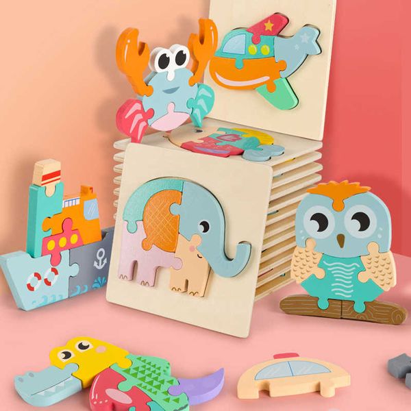 Großhandel Baby 3D Holzpuzzle Lernspielzeug Frühes Lernen Erkenntnis Kinder Cartoon Erfassen Intelligenzspiel