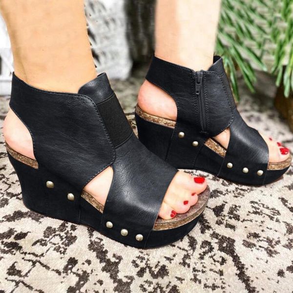 

sandals ins leisure women wedges heeled shoes 2021 summer party platform high heels woman zip up, Black
