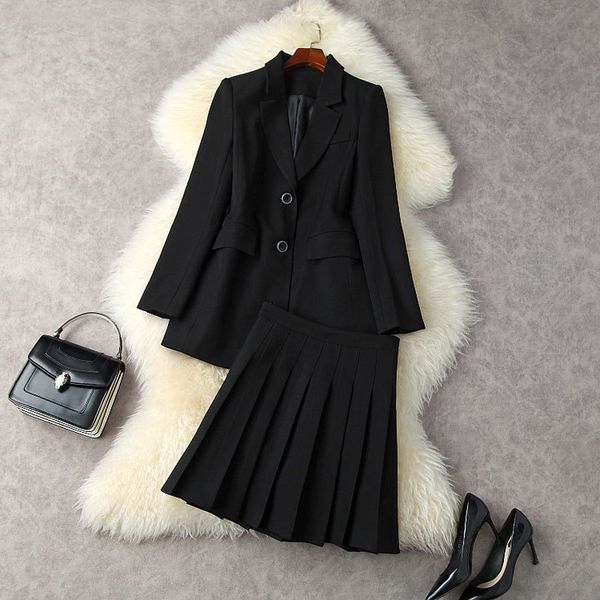 

2021 autumn winter long sleeve notched-lapel black pure color single-breasted blazers coat + high waist pleated mini short skirt two piece s, White