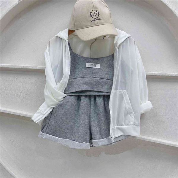 

summer autumn baby girls outdoor sports suit fashion childrens clothing set vest shorts sun protection hoodie 3pcs clothes, White
