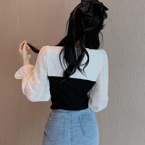 

women's blouses & shirts jlong women drawstring puff sleeve blouse female short v neck long, White