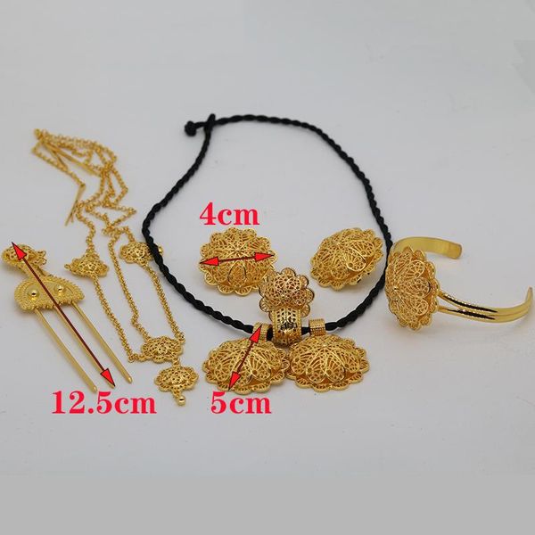 Collana Orecchini Collana 6pc Set di gioielli etiopi in oro 24k per le donne Dubai Habesha con catena a forma di forcina Gif da sposa africana