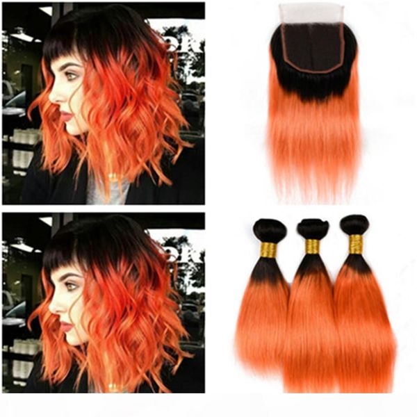 

malaysian orange ombre virgin hair bundles with closure silky straight two tone #1b orange ombre human hair weaves with 4x4 lace closure, Black