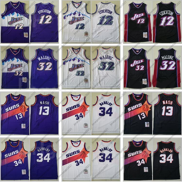 

mitchell ness charles barkley jersey 34 steve nash 13 john stockton 12 karl malone 32 vintage purple white black basketball jersey high qual, Black;red