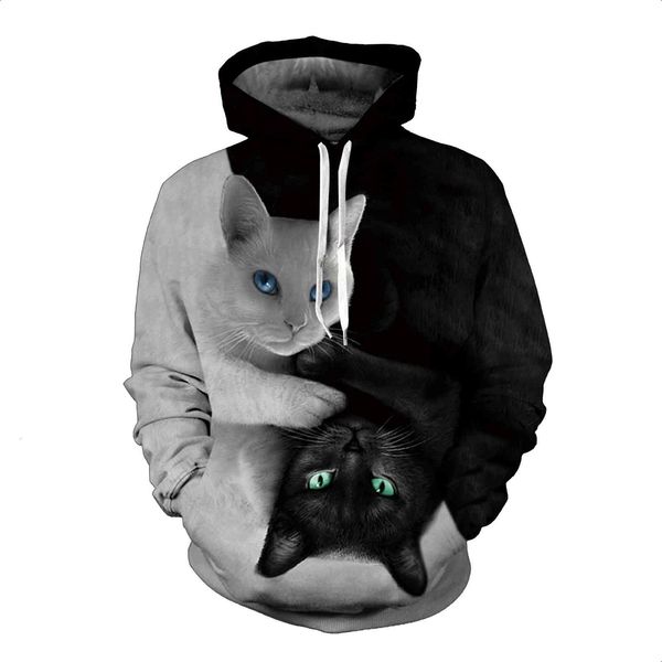 

fashionautumn high leisure quality mens and winter 2021 creative black white cat 3d printed sweater loose hoodie large men's couple top