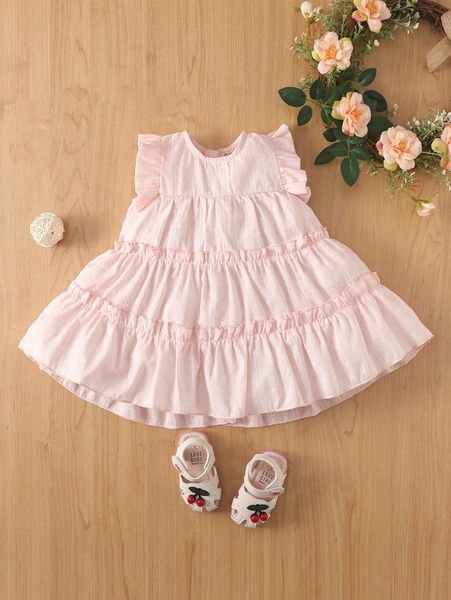 

baby geo embroidery ruffle trim dress she, Red;yellow