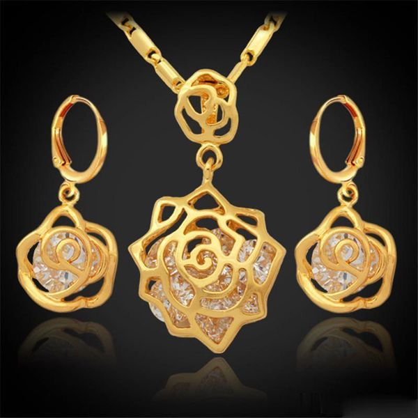 

vintage infinity elegant rose cubic zirconia earrings pendant set 18k real gold plated fashion jewelry sets for women, Black