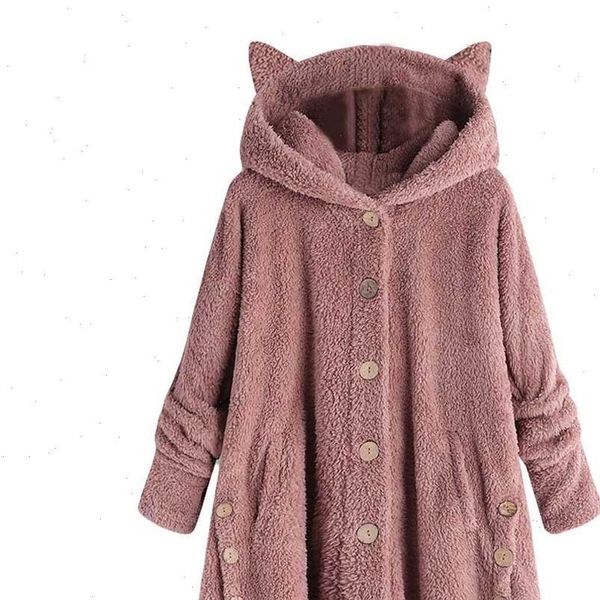 

women hoodies sweatshirt winter thicken warm fleece cute cat ear button coat korean kawaii hooded pullover loose hoodies 20, Black