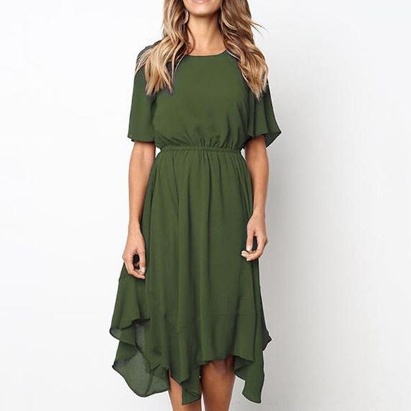 

casual dresses women's summer lady solid color loose irregular tight waist short sleeve round neck midi dress party 4 colors plus size, Black;gray