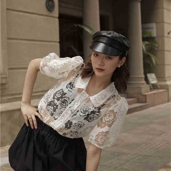 

women's two piece pants see through puff sleeve floral women s and blouses summer collar shirt sheer ladies transparent b bco1, White