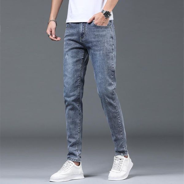 

men's jeans four seasons thin section slim fit ripped elastic casual with small feet custom length diy, Blue