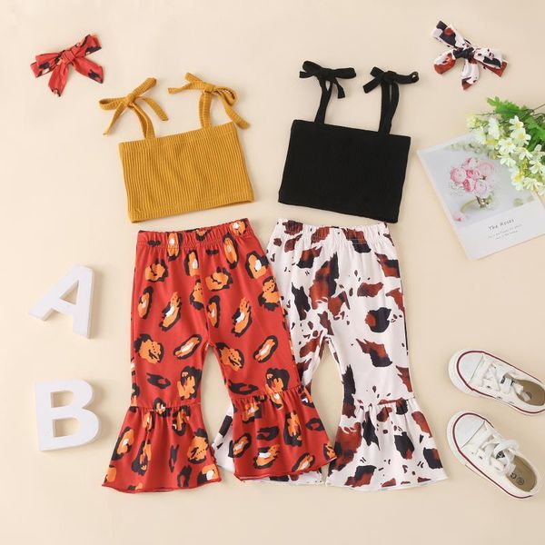 

clothing sets focusnorm 0-24m summer baby girls clothes 3pcs strap solid vest printed flare pants headband, White