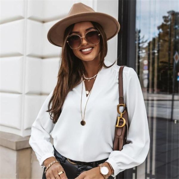 

v-neck long sleeves women shirts new 2021 loose casual wear female solid color pullovers femme spring fall blouses 2021, White