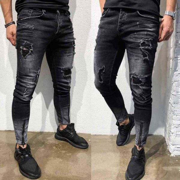 

new men skinny stretch denim pants distressed ripped freyed slim fit jeans trousers daily comfy, Blue