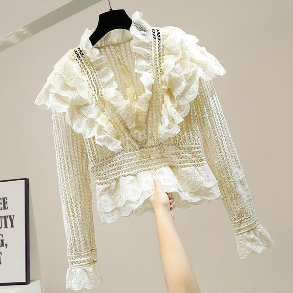 

shirt woman vintage sweet ruffle stitching v-neck crochet perspective slim-fit temperament long sleeve lace shirt blouse, White