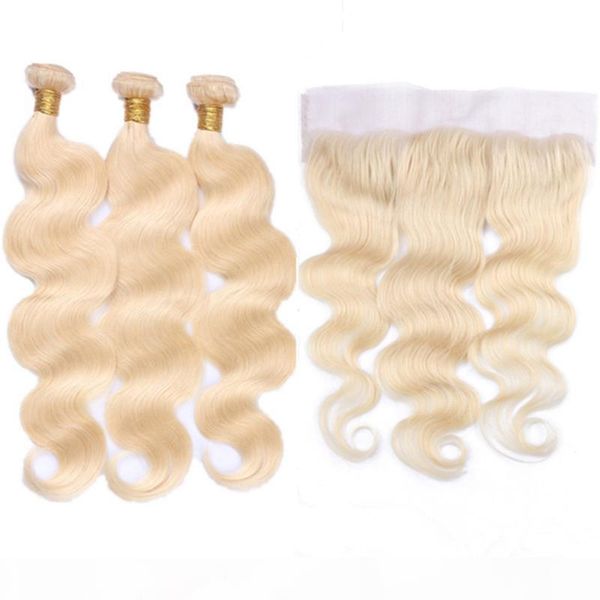 

#613 blonde virgin brazilian human hair wefts with full frontals body wave bleach blonde 13x4 lace frontal closure with weave bundles, Black;brown