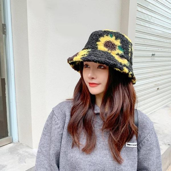 

wide brim hats lamb wool faux hat female winter warm fur women's outdoor sun bucket cap lady fashion panama adjustable fisherman caps, Blue;gray