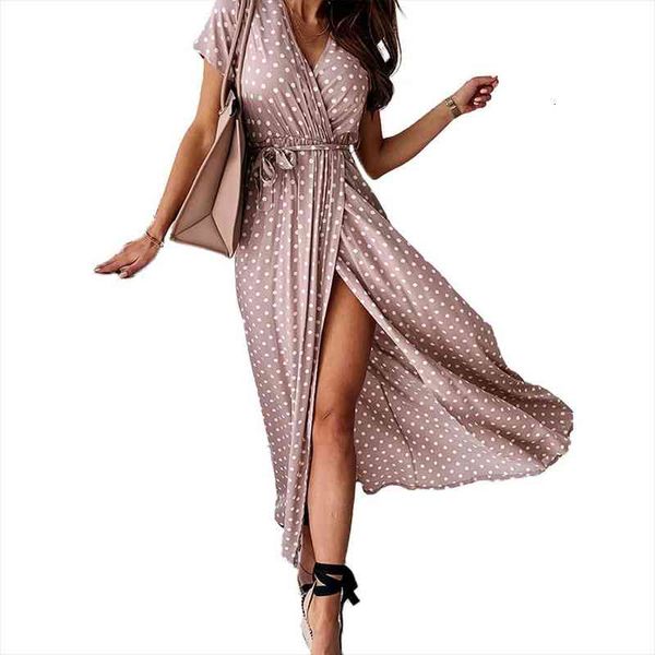 

polka dot maxi dress women split v neck summer beach sundress short sleeve high waist boho vestidos, Black;gray