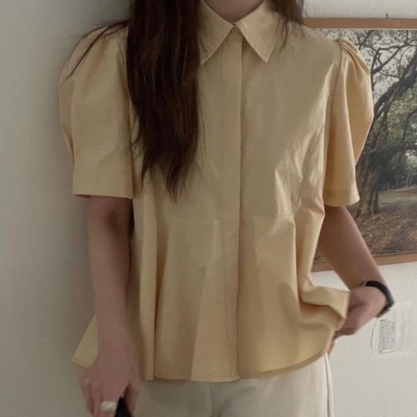 

women's blouses & shirts [ewq] korea chic summer fashion simple solid lapel fold loose irregular puff sleeve shirt all match blouse wom, White
