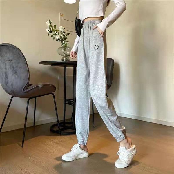 

2021 spring autumn grey smiling face embroidered women's ins leggings are thin, loose and versatile sports harlan pants, Black