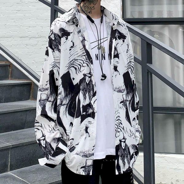 

men's casual shirts autumn jacket tshirt women blouses long-sleeved hong kong-style bf retro graffiti printed shirt loose cold style, White;black
