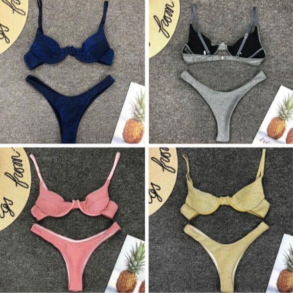 

hirigin women sparkle 2pcs padded beahwear bathing clothing fashion summer ladies glitter beach style bra and briefs set, Gray