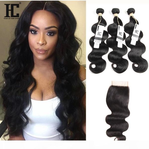 

hc human hair bundles with closure 3 pcs brazilian virgin hair with closure body wave peruvian malaysian indian hair bundles with closures, Black