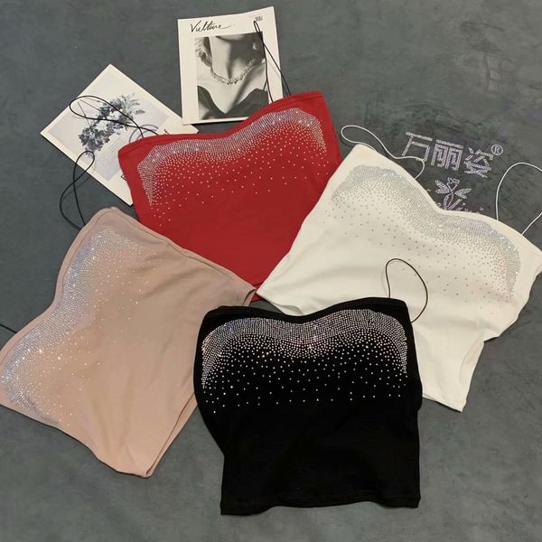 

new cotton thin strap diamond decorations base sling vest strap cup cover womens comfortable inner wear outer wear manufacturer, Black;white
