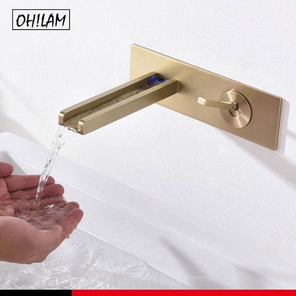 

gold luxury bathroom led sink faucet waterfall wall mount mixer no battery color changing water temperature basin faucets1