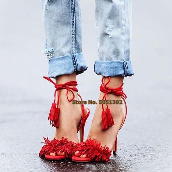 

women thin high heel suede peep toe sandals fringe ankle wrap lace-up fashion gladiator stiletto heel tassel shoes, Black