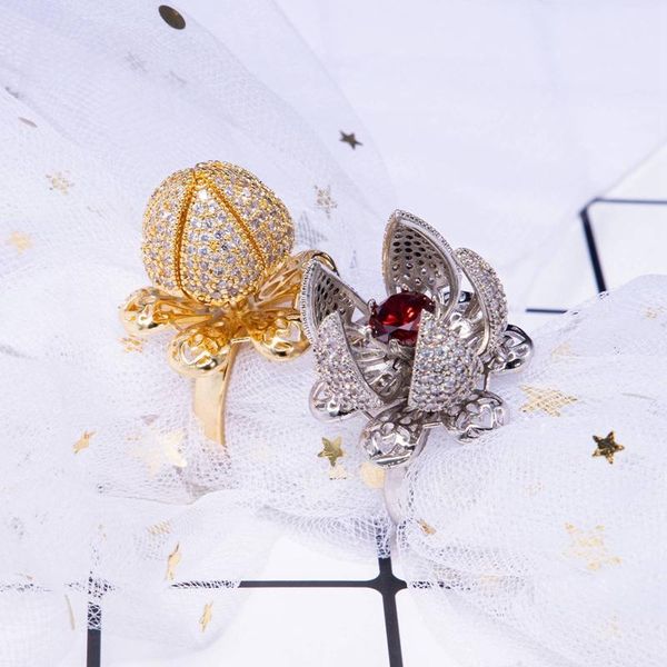 

cluster rings creative beautiful flower bud ring adjustable switch bling crystal zircon charm jewelry for women gift, Golden;silver
