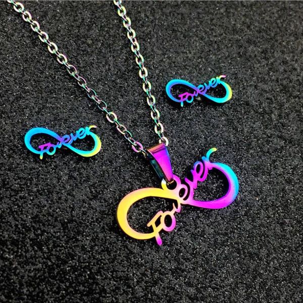 

earrings & necklace yungqi colorful stainless steel letter jewelry sets for women wedding infinity pendants necklaces stud jewellery set, Silver