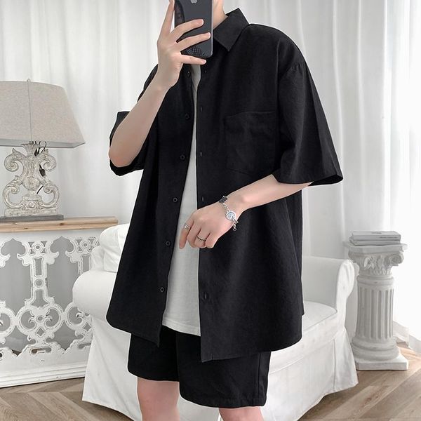 

men's casual shirts streetwear shirt men solid cotton plus size short sleeve loose summer fashion korean mens clothes 2022, White;black