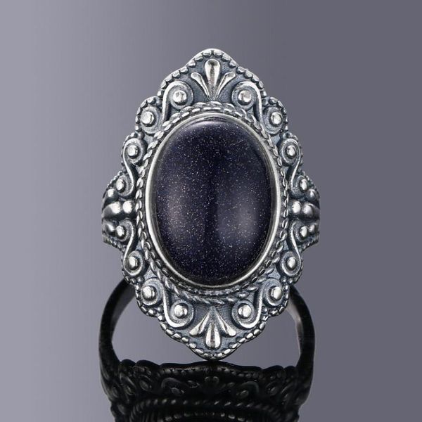 

cluster rings nasiya vintage oval blue sand stone for women 925 sterling silver ring jewelry finger gemstone party gift, Golden;silver