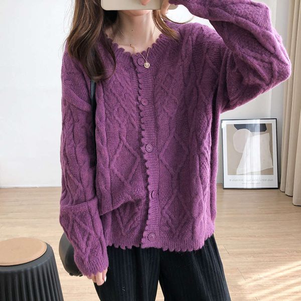 

korean lace neck twist knitted cardigan women's autumn versatile loose and slim casual long sleeve sweater coat, Black