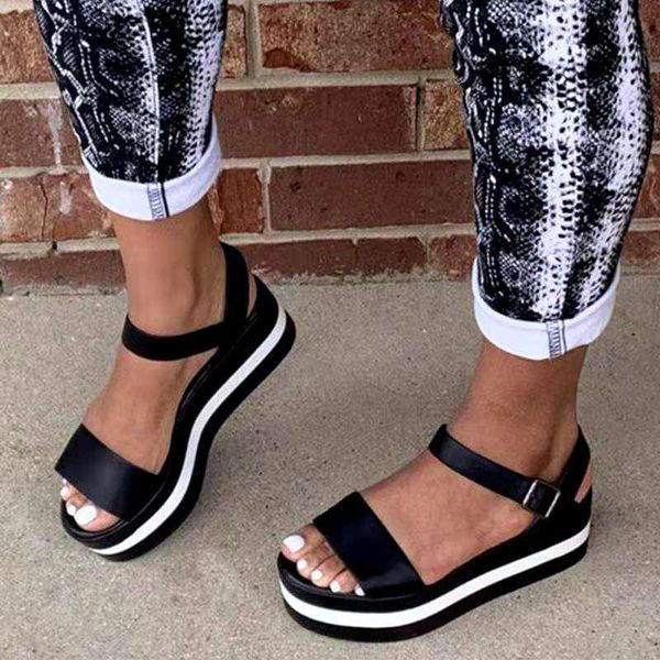 

women's platform casual sandals women fashion wide band color stripes buckle shoes ladies leisure footwear plus size, Black