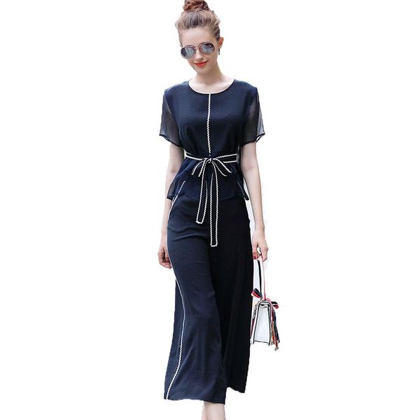

european american fashion suit 2021 summer new chiffon shirt wide leg pantstwo-piece set suit elegant temperament ladies, Gray