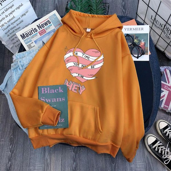 

women's hoodies & sweatshirts pink love heart white ribbon print female vintage fit hoody oversized soft sportwear street quality women, Black
